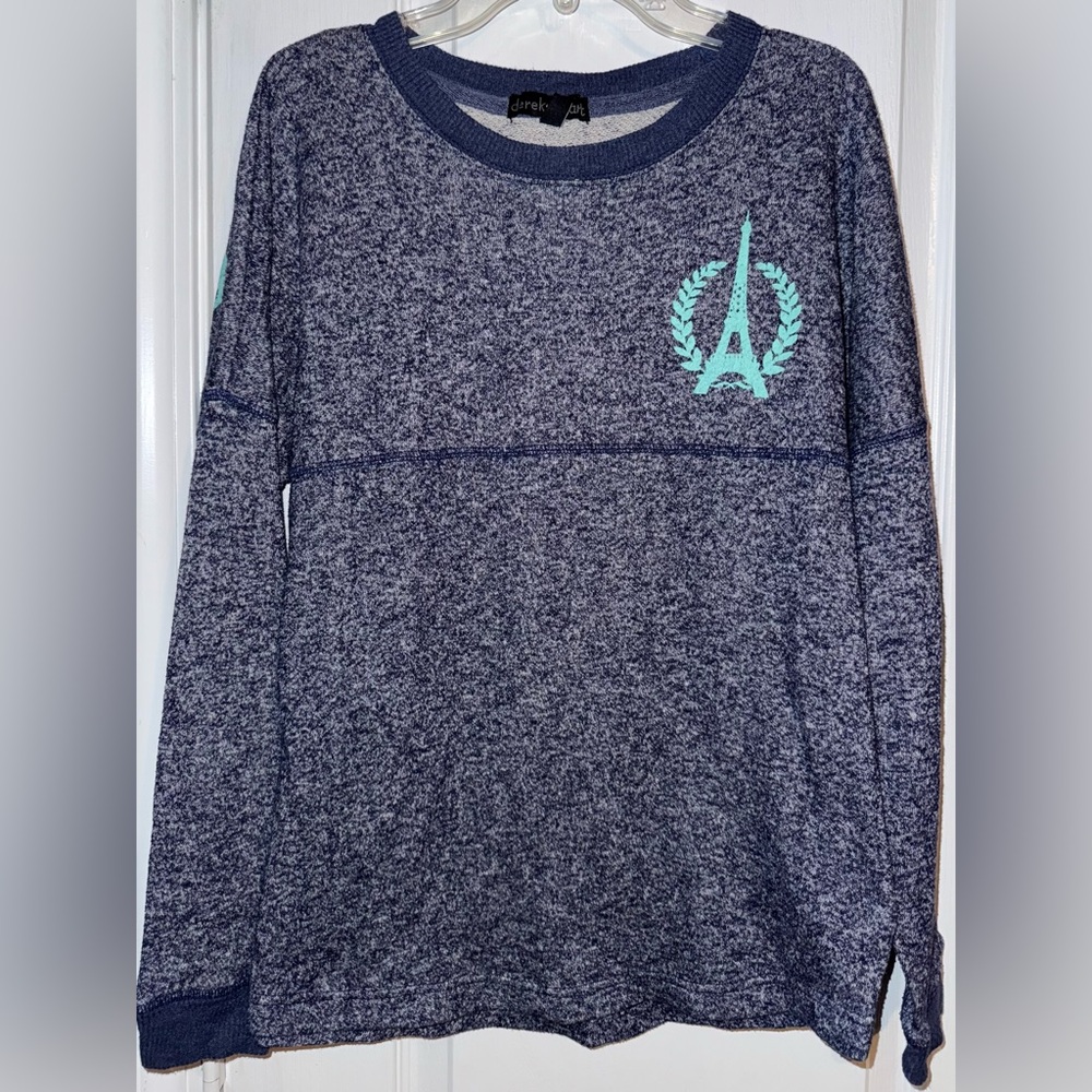 Derek Heart Gray Teal Eiffel Tower Sweater Paris Graphic Size XS